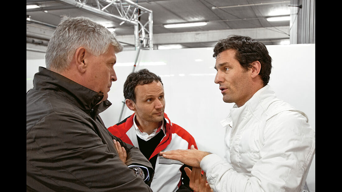 Mark Webber, Vorstand Wolfgang Hatz, Technikchef Alex Hitzinger 