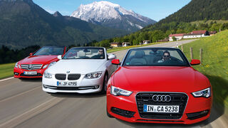 Mercedes E 350 Cabriolet, BMW 335i Cabriolet, Audi Cabriolet 3.0 TFSI Quattro, Front