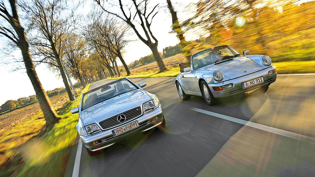 Mercedes SL 280, Porsche 964 Carrera 2 Cabrio, Frontansicht 