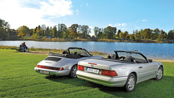 Mercedes SL 280, Porsche 964 Carrera 2 Cabrio, Heckansicht