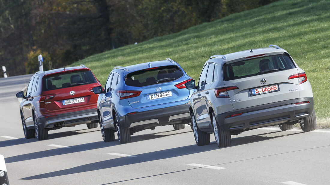 Nissan Qashqai 1.6 DIG-T Tekna+, Skoda Karoq 1.5 TSI ACT Style, VW Tiguan 1.4 TSI ACT Comfortline, Exterieur