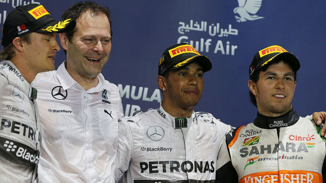 Podium Bahrain 2014 Aldo Costa, Rosberg, Hamilton