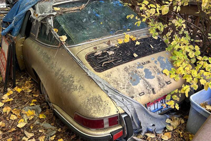 Porsche 911 E Targa unter Kiefernzapfen begraben
