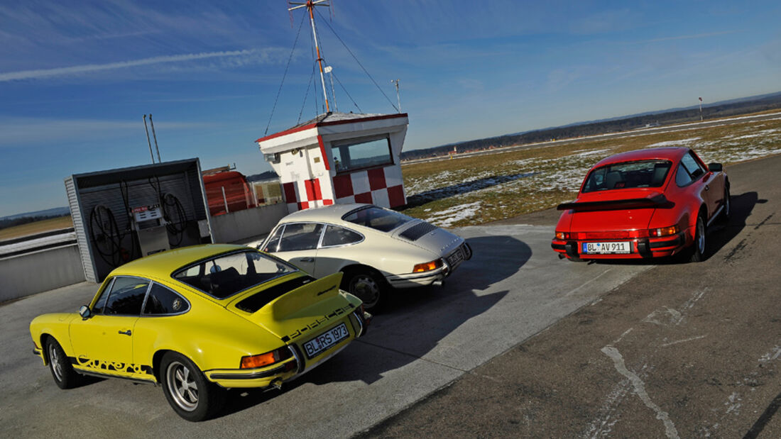 Porsche 911 T 2.0, Porsche Carrera RS 2.7, Porsche Carrera 3.2, Seitenansicht