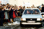 Princess Diana leaving St Mary's Primary School in Tetbury in her Ford Escort Mk3