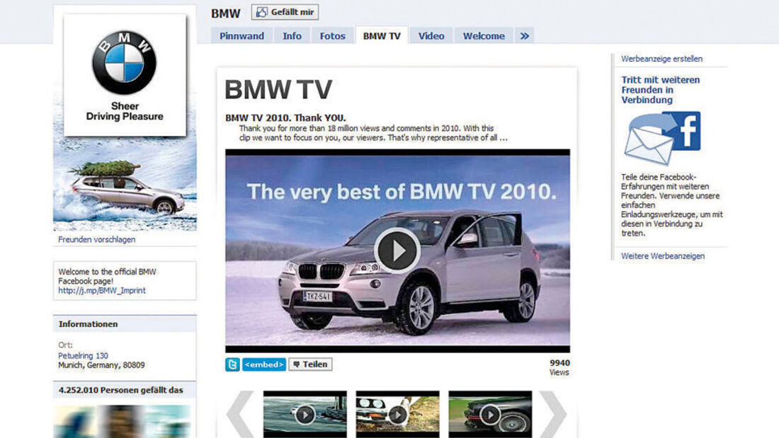 Screenshot,  Autohersteller auf Facebook, BMW