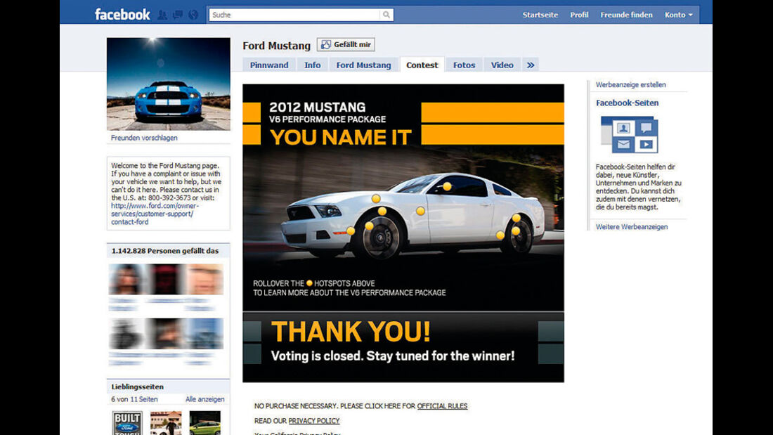 Screenshot,  Autohersteller auf Facebook, Ford-Mustang