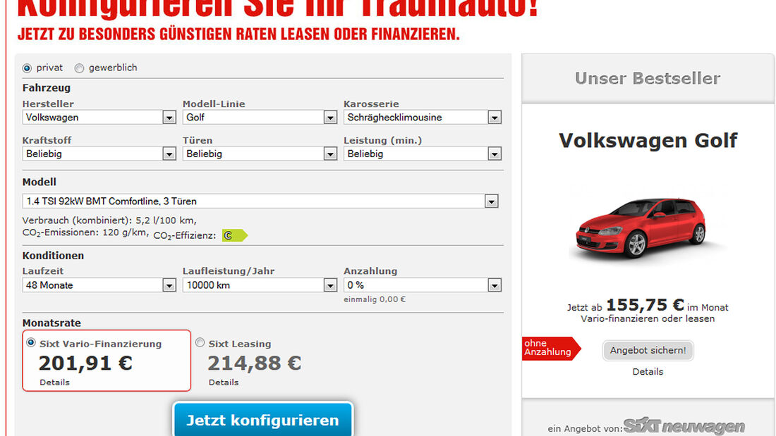 Sixt Leasingangebot VW Golf Screenshot