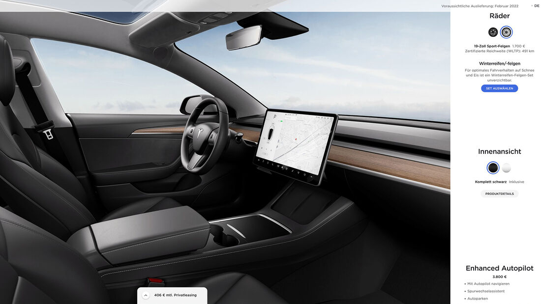 Tesla Model 3: schwarzer Innenraum