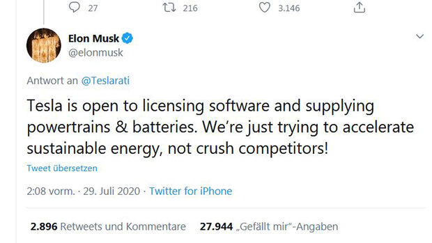 Tesla, Tweet Elon Musk, Lizenzvergabe