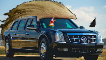 The Beast Cadillac Präsidentenlimousine mit Trump Perücke