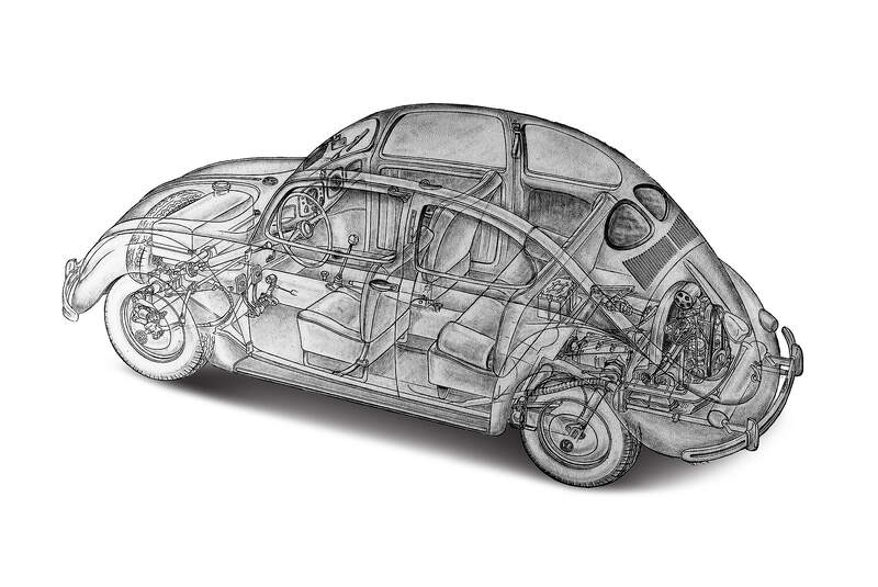 VW Käfer Schnittzeichnung Röntgenbild