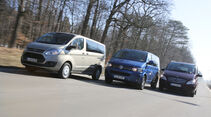 VW Multivan 2.0 TDI, Mercedes Viano 2.0 CDI, Ford Tourneo Custom, Frontansicht
